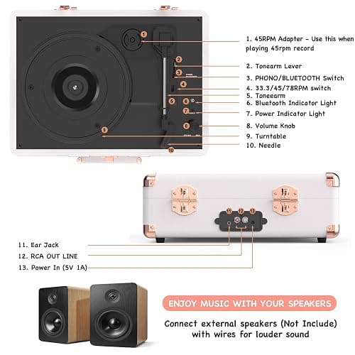 Vinyl Record Player with Built-in Speakers 3-Speed Vintage Record Player Bluetooth Portable Suitcase Turntable Belt-Driven LP Player Support RCA Output and Headphone Output (White Rose Gold) thumbnail 7