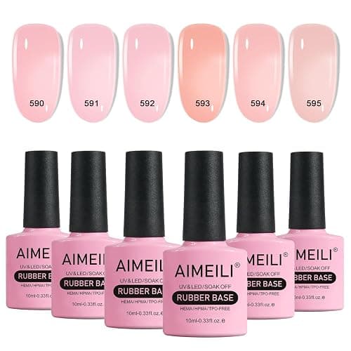 AIMEILI Rubber Base Gel For Nails, Soak Off U V LED Hema Free Clear Sheer Gel Nail Polish, 4 in 1 Nail Strengthen/Enhance/Base Coat/Color Gel Polish Set Of 6pcs X 10ml - Kit 54 - Image 1