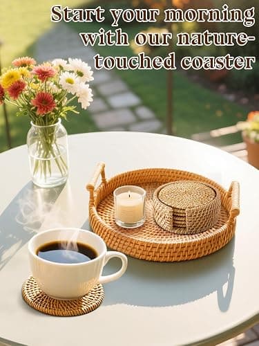 6pcs Natural Handmade Rattan Coasters with Holder - Wicker Drink Coasters Set, Housewarming Gifts Boho Summer Home Coastal Decor thumbnail 2
