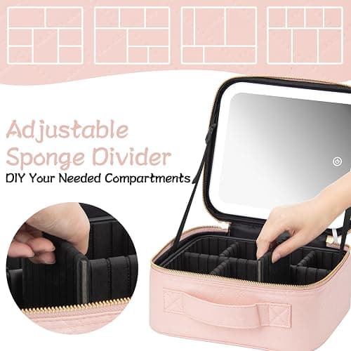 Makeup Travel Train Case with Mirror LED Light 3 Adjustable Brightness Cosmetic Bag Portable Storage Adjustable Partition Waterproof Makeup Brushes Makeup Jewelry Gift for Women (Pink checkered) thumbnail 4