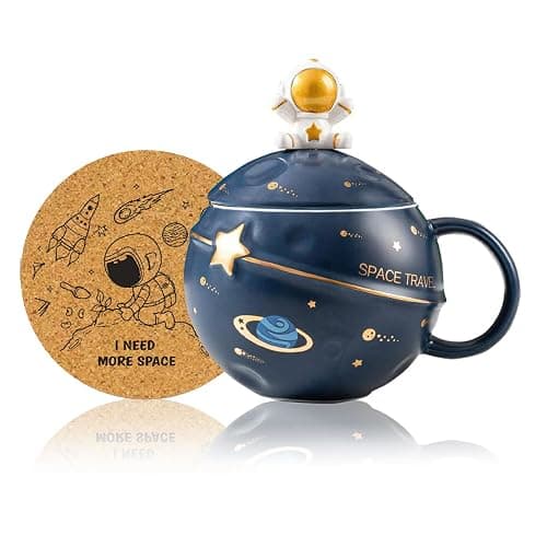Yalucky Kawaii Astronaut Cup Space Embossed Planet Mug, Cute Ceramic Coffee Mug, Novelty Mug with Lid and Spoon for Coffee, Tea, Milk, Aesthetic Room Decor Funny Gift for Girl Boy Women (Dark blue) - Image 1