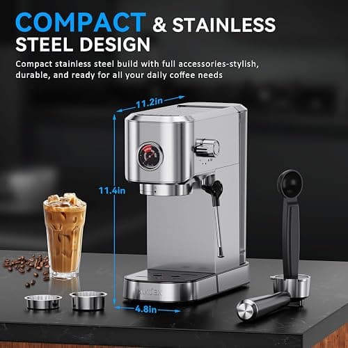 XIXUBX 20Bar Espresso Machine, Compact Espresso Maker with Milk Frother, Stainless Steel Coffee Machine for Cappuccino&Latte, 42oz Water Tank, Visible Pressure Gauge, Home&Office, Silver thumbnail 2