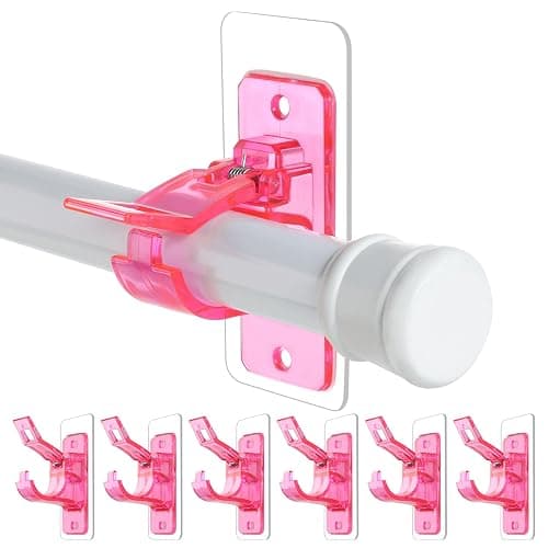 6-Pack No Drill Needed Curtain Rod Holders Brackets, Self Adhesive Rods Holder Hooks, Multipurpose Nail-Free Stick on Curtain Rod Hooks-Transparent Berry Pink - Image 1