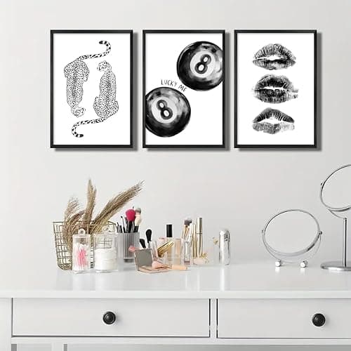 3Pcs Unframed Black White Funky Cheetah Wall Art Trendy Lucky 8 Ball Kiss Lips Painting Retro Y2K Aesthetic Canvas Poster Prints for Girls Bedroom Apartment Dorm Decorations(12x16in Poster) thumbnail 8