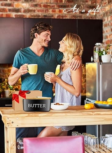 Butter Dish with Lid: Large Butter Dish for Countertop - Ceramic Butter Keeper Container with Knife and High-Quality - Silicone Sealing Butter Box for Home Decor Good Kitchen Gift Black thumbnail 7