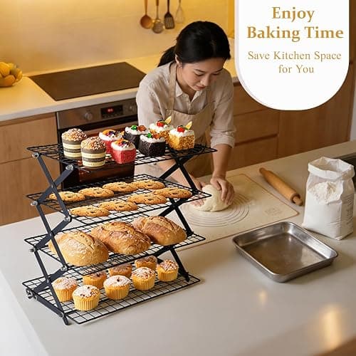 4 Tier Collapsible Cooling Rack, Adjustable Stackable Stainless Steel Baking Rack with Leak-Proof Mesh & X-Shaped Structure, Dishwasher Safe for Cookies, Bread, Pastries thumbnail 2