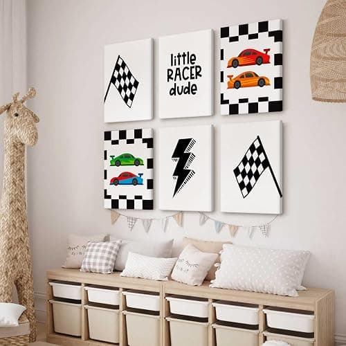 Race Car Wall Art Pictures Boys Room Wall Decor Nursery Toddler Canvas Wall Art Kids Playroom Art Prints Boys Race Car Poster Nursery Artwork Set of 6 for Bedroom 8x10 Inch Framed thumbnail 3