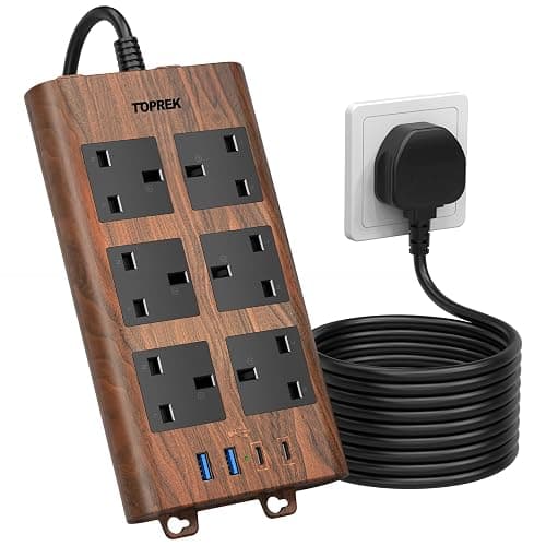 TOPREK Wood Grain 6 Way Extension Lead with USB Slots, Surge Protection, 2USB-A & 2USB-C & 1 Switch, 13A/3250W, Brown Extension Cable 2M for Home Office Kitchen - Image 1