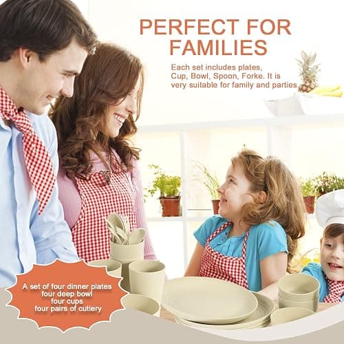Homienly Wheat Straw Dinnerware Sets, 20pcs Lightweight Unbreakable Dinnerware, Microwave Dishwasher Safe Bowls Cups Forks Spoons set,Perfect for Camping Outdoor, Beige thumbnail 7