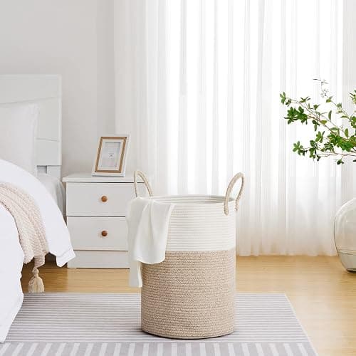 VIPOSCO Large Laundry Hamper, Tall Woven Rope Storage Basket for Blanket, Toys, Dirty Clothes in Living Room, Bathroom, Bedroom - 58L White & Brown thumbnail 5