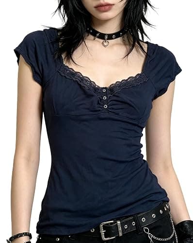 Chvity Y2k Fairy Grunge Shirts Short Sleeve Emo Goth Shirt Summer 2000s Lace Coquette Going Out Tops Teen Girls Babydoll Tops - Image 1