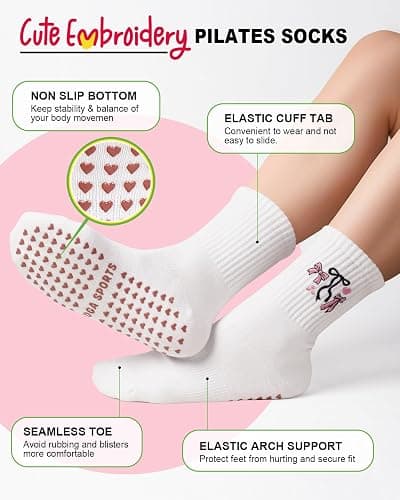 Pilates Socks for Women, Cute Non-Slip Grip Crew Socks for Yoga, Barre, Hospital, Barefoot Workout thumbnail 4