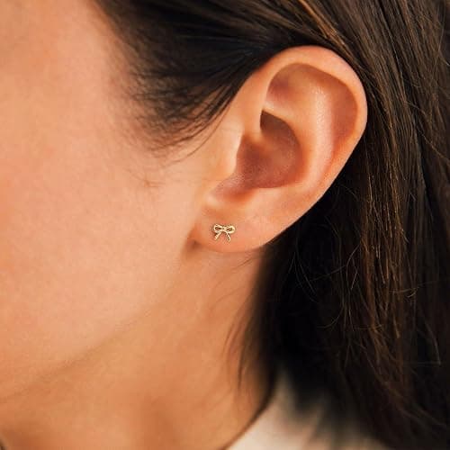 HANLI Bow Earrings for Women - 14K Gold Plated Silver Dainty Bow Earrings Small Gold Stud Earring Jewelry Gifts for Her thumbnail 2