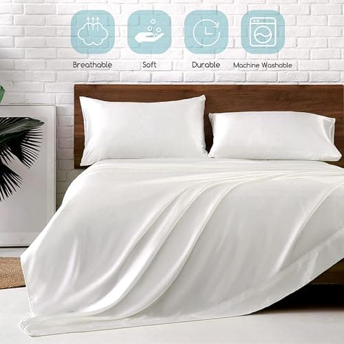 MR&HM Satin Bed Sheets, Queen Size Sheets Set, 4 Pcs Silky Bedding Set with 15 Inches Deep Pocket for Mattress (Queen, Ivory) thumbnail 6