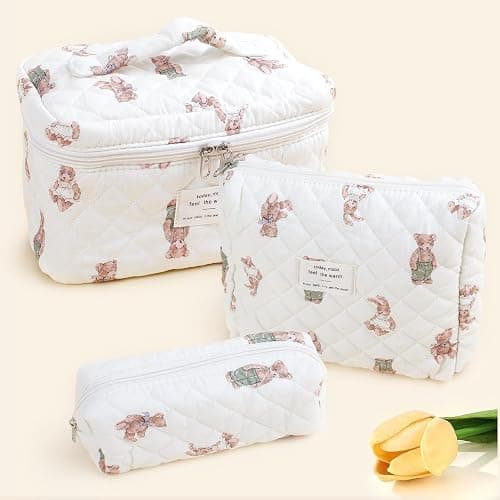 YINGJEE Large Quilted Makeup Bag for Women and Girls, Cute Coquette Floral Cotton Cosmetic Bag, Aesthetic Travel Organized Toiletry Bags (06-beige bears) thumbnail 7