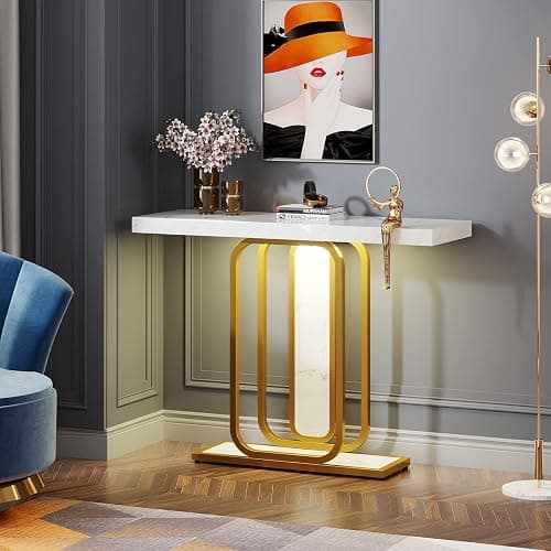 Tribesigns Modern Gold White Console Table with LED Lights, 41.3 Inch Entryway Hallway Foyer Accent Table with Faux Marble Veneer for Living Room, Entrance thumbnail 3