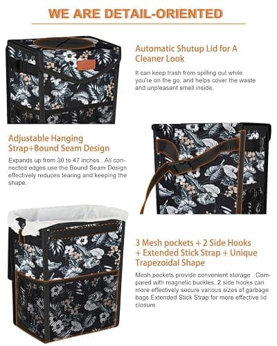 Pritent Car Trash Can with Lid, Cute Leakproof Car Trash Garbage Bag Hanging Vehicle Trash Bin Small Portable Automotive Garbage Cans Organizer for Back/Front Seat(Trapezoid,Black with Lily Print) thumbnail 4