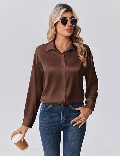 Zeagoo Womens Tops Long Sleeve Satin Silk Button Down Shirts Casual Business Dressy Blouses Fall Clothes thumbnail 2
