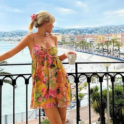 Summer Floral Boho Dresses for Women Spaghetti Straps Beach Dress Ruffle Sexy Mini Dress - Small - Yellow thumbnail 6