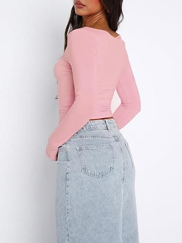 ForeFair Women's Sexy Long Sleeve Going Out Tops Pleated Bustier Shirt Cute Sweetheart Neck Y2K Cropped Top thumbnail 3