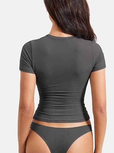 YEOREO Women Fitted Workout Tops Short Sleeve Double Lined Basic Y2K Going Out Crew Neck Compression Crop Top thumbnail 3