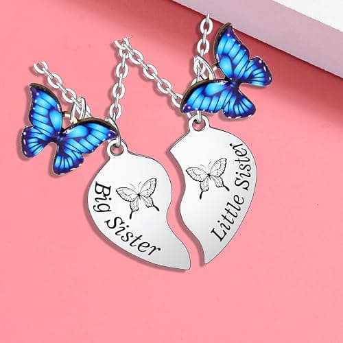 2PCs Heart Pendant Necklace Set - Matching Big Sis & Lis Sis Gifts for Sisters - Butterflies, Perfect for Christmas & Birthday thumbnail 3