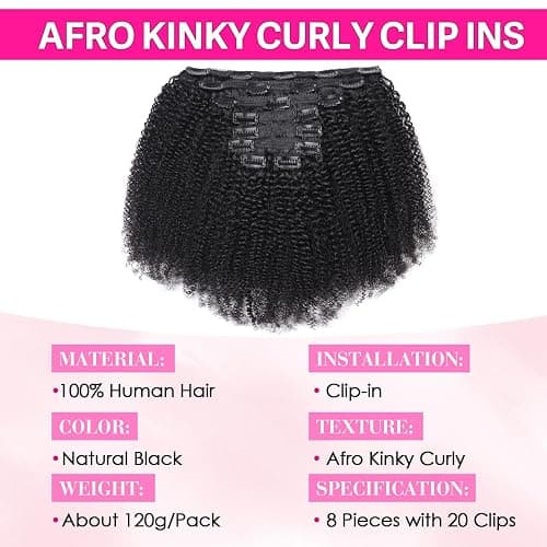 Afro Kinky Curly Clip In Hair Extensions 120g 100% Virgin Human Hair for Black Women 4B 4C Natural Black Seamless Clip Ins Double Weft Thick Ends 8Pcs 20 Clips 16 Inch thumbnail 2