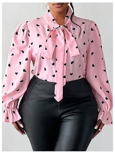 WDIRARA Women's Plus Size Heart Print Bow Tie Neck Long Sleeve Blouse Office Shirt Top thumbnail 2