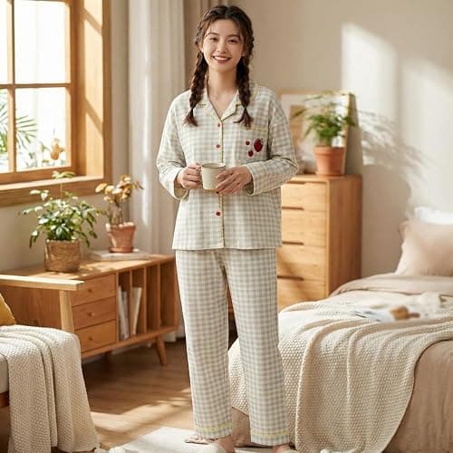 Neglance Cute Gingham Pajama Sets Women Girls Soft 2 Piece Sleepwear Long Sleeve Loungewear with Apple Embroidery Daily Wear thumbnail 4
