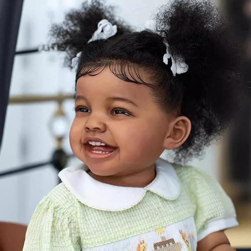 Wamdoll 24Inches Sweet Smiling Rooted Curly Hair Lifelike Reborn Baby Girl Dolls that Look Real and Feel Real, Realistic Newborn Toddler Collectible Art Doll in Dark Brown Skin thumbnail 4