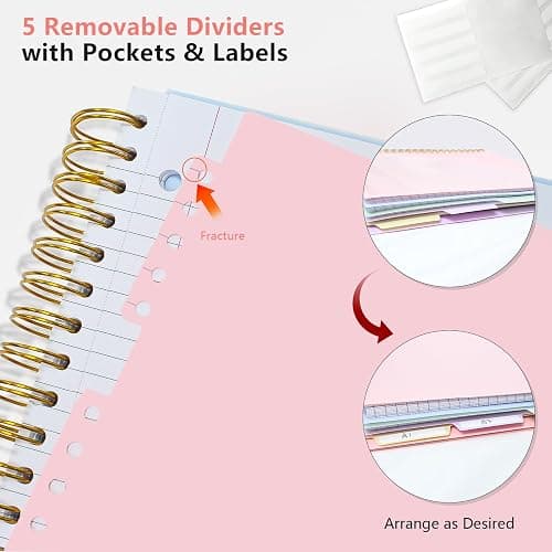 Aesthetic 5-Subject Notebook College Ruled with 5 Movable Tab Dividers & Pockets, 150 Sheets, 3-Hole Punched, Spiral Notbook, Plastic Cover, Fits 8.5"x11", 68gsm Paper, Includes Writable Stickers – Cute School Journal or Office Supplies, Pink thumbnail 4