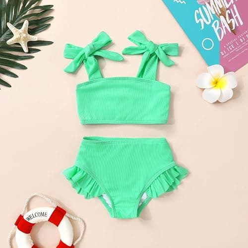 YOUNGER TREE Toddler Baby Girls Swimsuit Two Piece Solid Color Stripe Swimwear Summer Beach Bikini Bathing Suit thumbnail 2