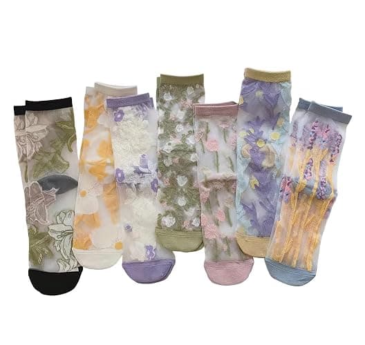 Ballballu Vintage Sheer Socks,Summer Transparent Flower Ankle, Thin Mesh Lace Elastic Jacquard Glass Silk - Image 1