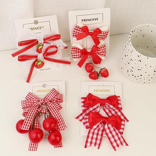 8 Pcs Cherry Strawberry Bow Hair Clips Cute Red White Bow Alligator Hair Clips Lace Gingham Hairpin Bows Fruit Hair Barrettes Hair Accessories for Women Girls Christmas Party thumbnail 6