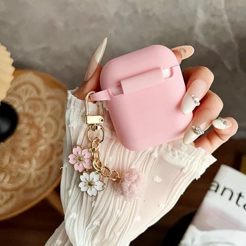 Cute Pink Case for Airpods 2nd/1st Generation Cover for Girl Women with Pom pom Flower Keychain & Cleaner Kit, Soft Silicone Airpods iPod 2/1 Gen Protective Cover Skin for Airpod 2/1, Pink thumbnail 3