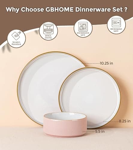 GBHOME Stoneware Dinnerware Sets for 4, 12 Pieces Plates and Bowls Set | Lightweight Ceramic Ribbed Dishes, Reactive Glaze Stackable Plate Set, Scratch Resistant, Microwave & Dishwasher Safe, Pink thumbnail 2