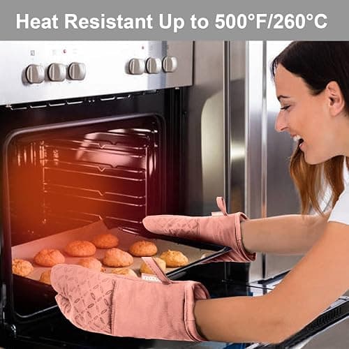 KEGOUU Oven Mitts and Pot Holders 6pcs Set, Kitchen Oven Glove High Heat Resistant 500 Degree Extra Long Oven Mitts and Potholder with Non-Slip Silicone Surface for Cooking (Pink) thumbnail 6