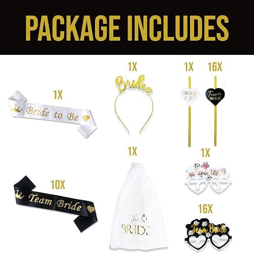 Hen Party Accessories Complete Set 47pcs - Black and Gold (10 Team Bride 1 Bride to Be Sash Straws Glasses Veil Tiara) Satin Sashes Bachelorette Parties Bridal Favours thumbnail 4