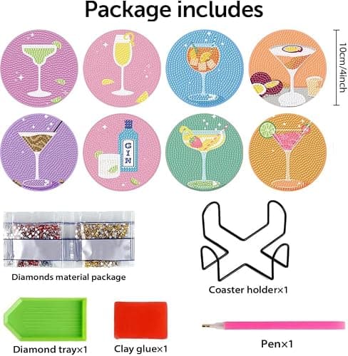 8Pcs Diamond Painting Coasters with Holder,DIY Cocktail Life Coaster Diamond Art Kits for Adults Kids,Beginners Round Full Drill Diamond Art Craft Supplies thumbnail 2