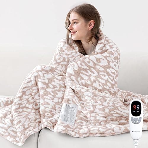 MH MYLUNE HOME Leopard Print Heated Throw Blanket, ETL & FCC Certified Electric Blanket, Washable Heated Blanket Throw, 9 Heating Levels & 10 Hours Auto-Off, Soft Heating Blanket - Khaki, 62"x84" - Image 1