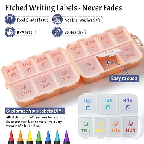 NEW Foldable & Double Protection Portable Weekly Pill Organizer 2 Times A Day with Etched Labels, AM PM 7 Day Week Medicine Box, Daily Travel Pill Case Holder Dispenser for Vitamin, Supplement - Pink thumbnail 2