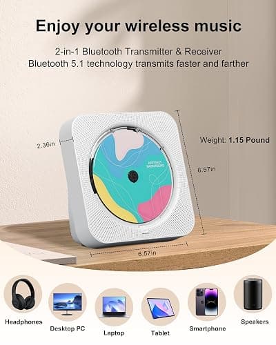 CD Player Portable with Bluetooth Desktop CD Players for Home with HiFi Sound Speakers,Mini Cute CD Player for Kids,Remote Control,Dust Cover,LED Display,Boombox FM Radio (White) thumbnail 5
