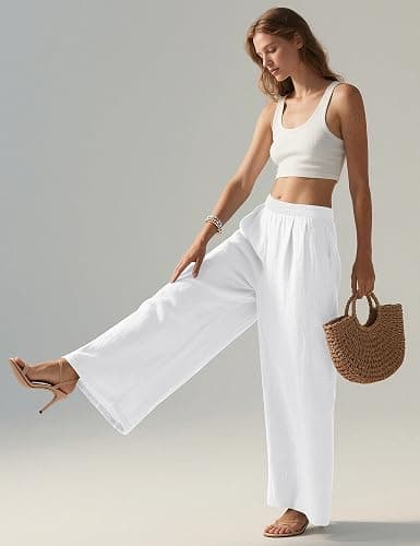 LOMON Linen Pants Women Wide Leg Palazzo Summer Flowy Pants Beach Vacation Clothes Elastic Waist Travel Trousers with Pockets thumbnail 5