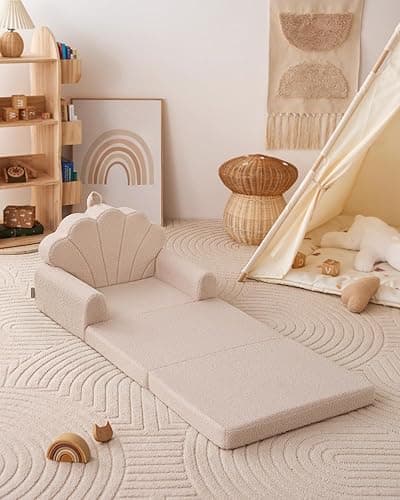 Blissful Diary Kids Couch, 2-in-1 Soft Toddler Couch Fold Out, Toddler Chair Comfy, Convertible Sofa to Lounger, Kids Furniture for Playroom, Gift for Birthday, Children's Day, Beige Shell thumbnail 10