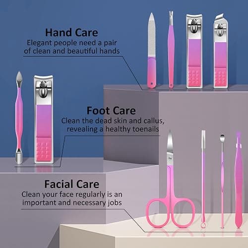 BLESWIN 10 in 1 Manicure Pedicure Kit, Manicure Kit for Women Professional, Mens Nail Grooming Kit, Manicure Tools Gift for Luxury Leather Travel Case for Family Friends (Pink & Purple) thumbnail 2