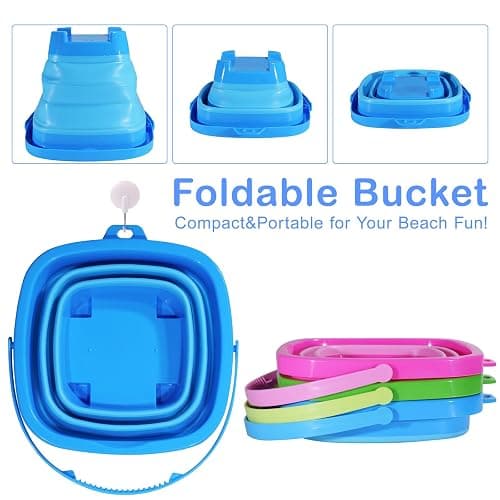 Holady Beach Bucket Sand Toy for Kids,10 PCS Kids Foldable Sand Bucket, Foldable Bucket Portable Silicone Pail and Beach Shovels Set for Kids Beach Play thumbnail 6