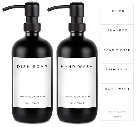Emerson Essentials Soap Dispenser Set, Dish Soap for Kitchen, Bathroom Set - Hands and Dishes for Home, Farmhouse, Glass Soap Dispenser with Pump and Labels | 16 Oz, 2 Pack - Image 1