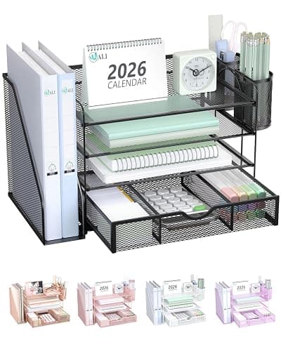WALI Desk File Organizer, 4 Tier Desktop Paper Letter Tray Organizer with Drawer and 2 Pen Holders, Office Desk Accessories & Workspace Organizers for Office, Home Supplies(DO005DH-B), 1 Pack, Black - Image 1