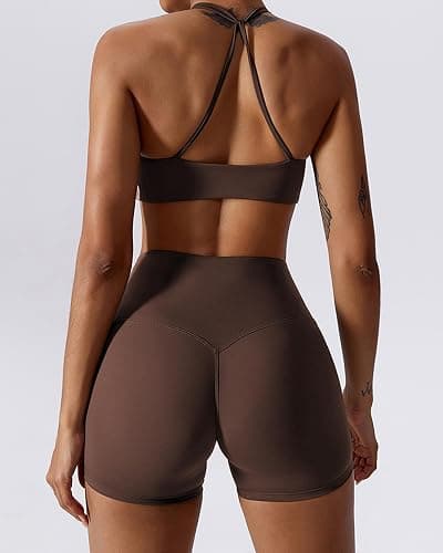 ABOCIW Workout Sets for Women 2 Piece Twist Front Halter Sports Bras High Waist Booty Shorts Exercise Gym Yoga Outfit - Coffee - Small thumbnail 3