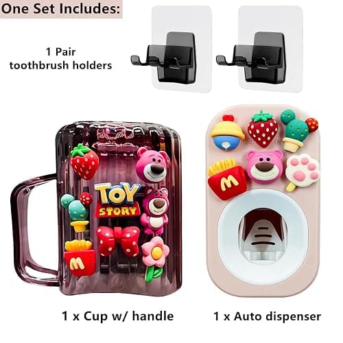 Automatic Toothpaste Dispenser & Toothpaste Holders and Wall Mounted Cup 3 Piece in a Set, is Wall Mounted for Bathroom,Toothpaste Squeezer for Kids & Family Shower by Mr. Thumbs(Pink Set) thumbnail 4